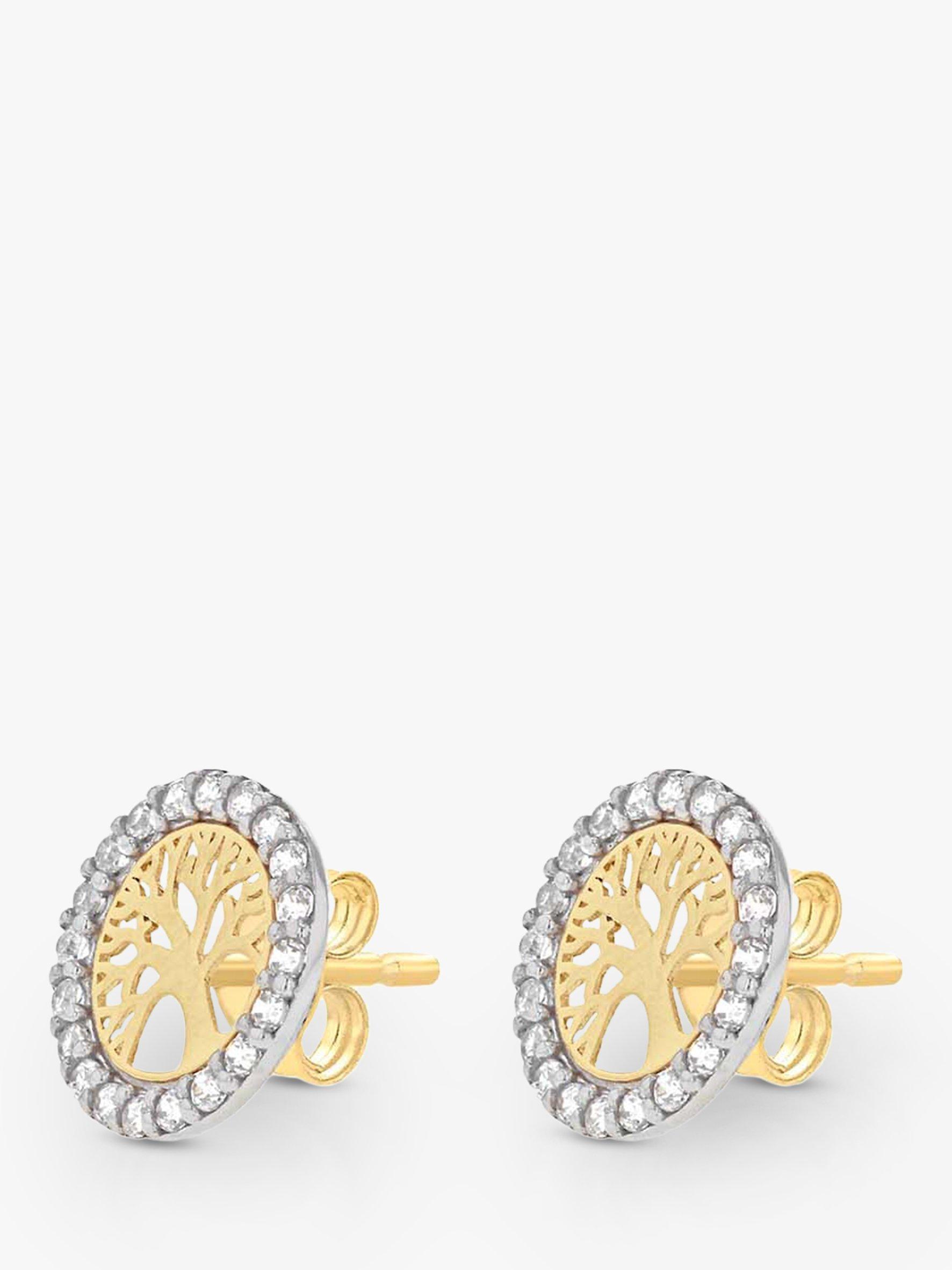 Product image 2 of 4, which shows IBB 9ct Gold Cubic Zirconia Life Tree Stud Earrings, Yellow Gold/White Gold