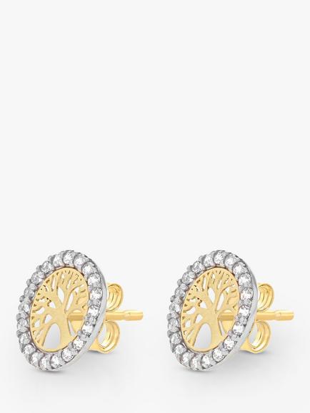 IBB 9ct Gold Cubic Zirconia Life Tree Stud Earrings, Yellow Gold/White Gold - view 2, Yellow Gold/White Gold