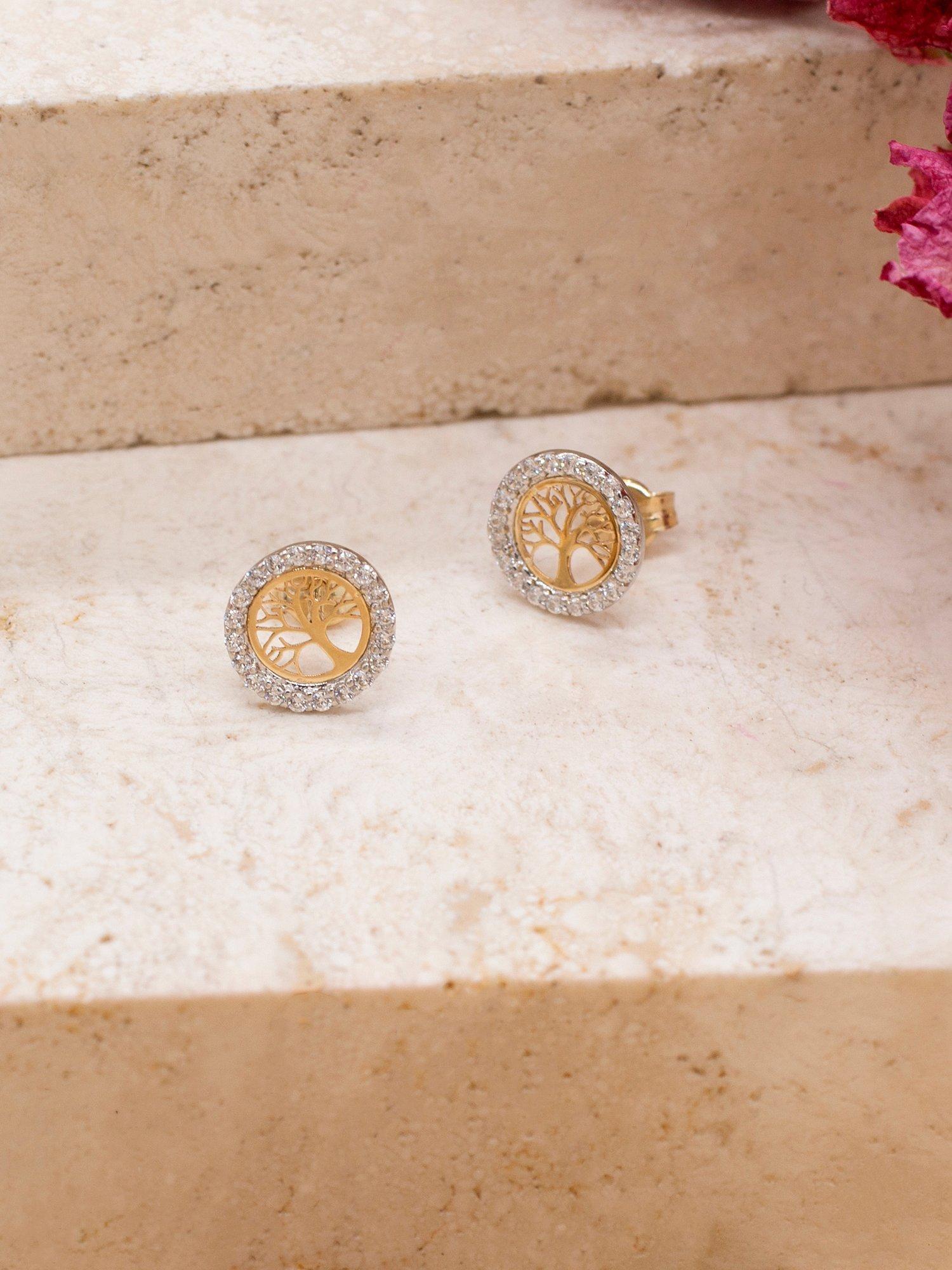 Product image 3 of 4, which shows IBB 9ct Gold Cubic Zirconia Life Tree Stud Earrings, Yellow Gold/White Gold