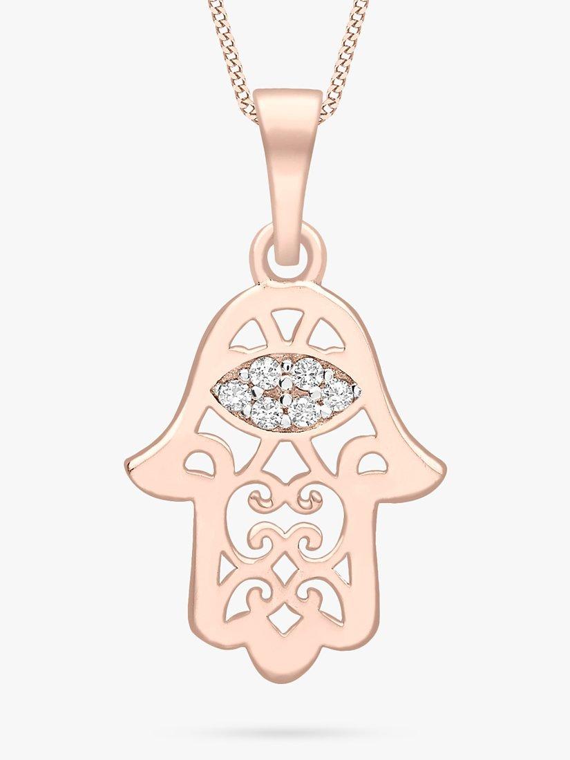 Product image 1 of 4, which shows IBB 9ct Gold Cubic Zirconia Hamsa Hand Pendant Necklace, Rose Gold/White Gold