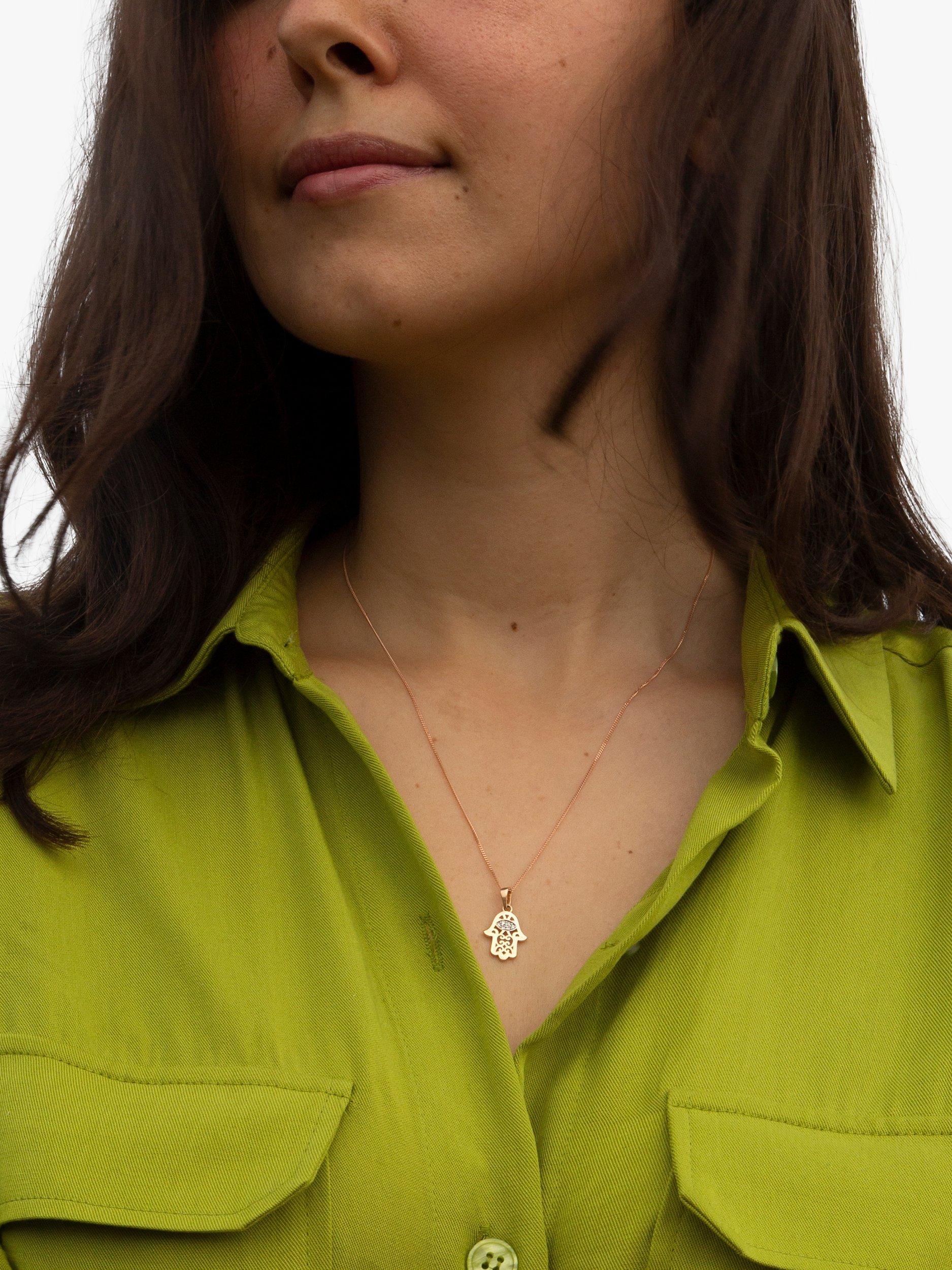 Product image 2 of 4, which shows IBB 9ct Gold Cubic Zirconia Hamsa Hand Pendant Necklace, Rose Gold/White Gold