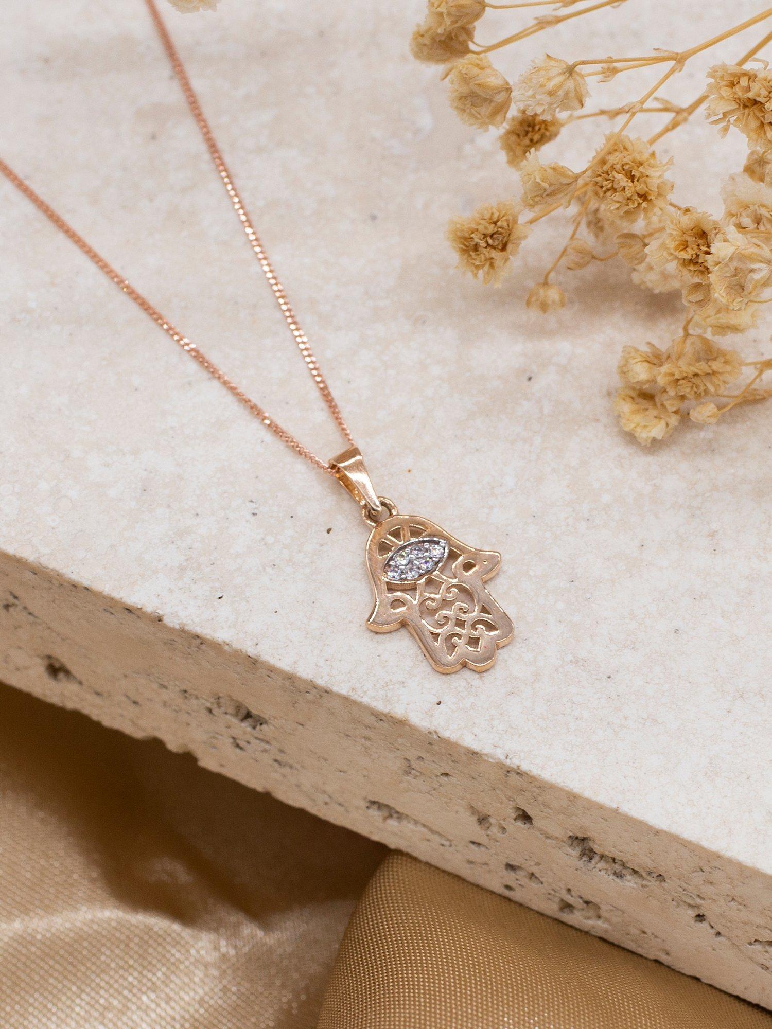 Product image 3 of 4, which shows IBB 9ct Gold Cubic Zirconia Hamsa Hand Pendant Necklace, Rose Gold/White Gold