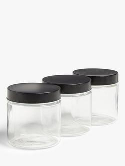 John Lewis Glass Storage Container, Set of 3, 870ml, Clear/Black, Clear/Black