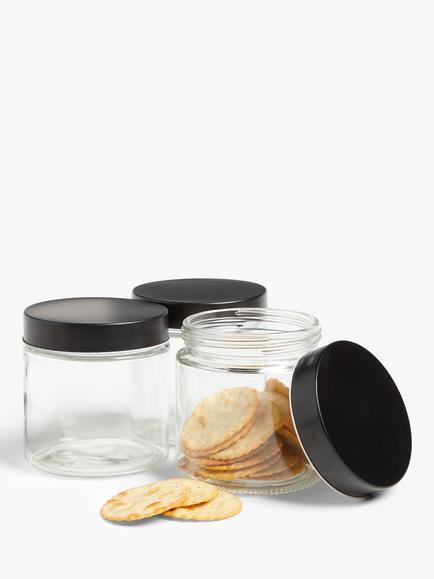John Lewis Glass Storage Container, Set of 3, 870ml, Clear/Black - view 2, Clear/Black