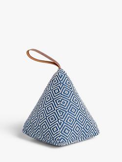 John Lewis Pyramid Door Stop with Leather Strap, Navy Diamond, Blue