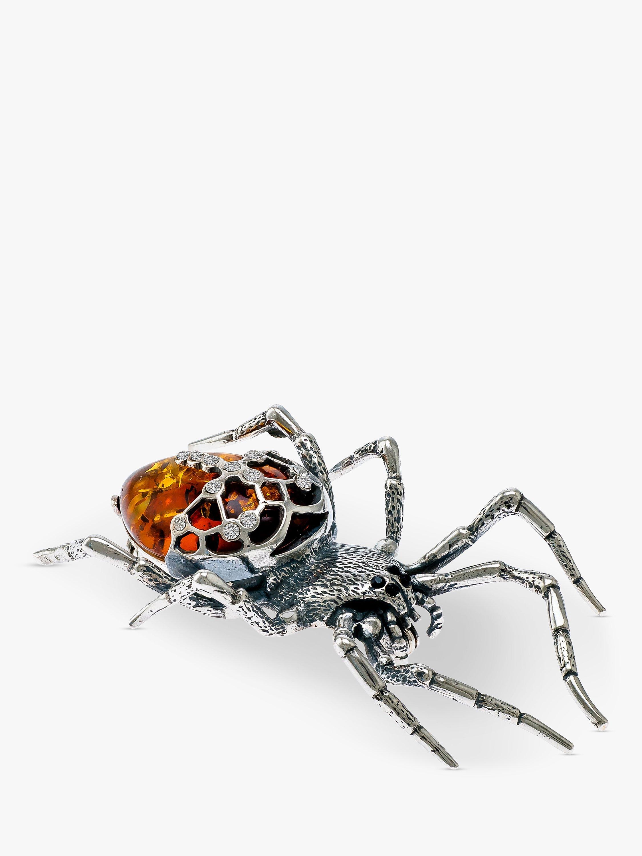 Be-Jewelled Baltic Amber Spider Brooch, Silver/Cognac