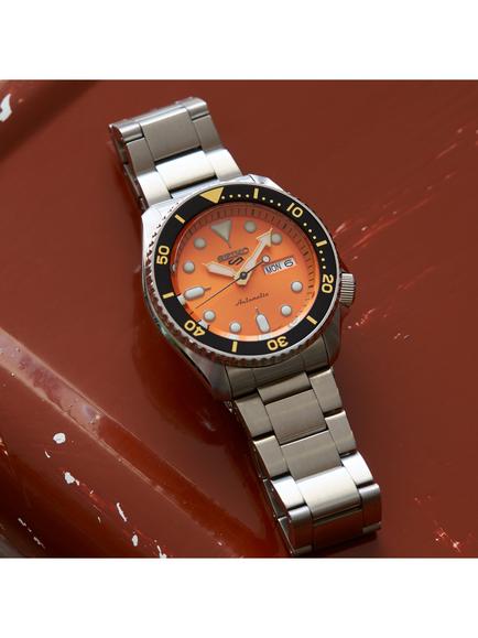 Seiko SRPD59K1 Men's 5 Sports Automatic Day Date Bracelet Strap Watch, Silver/Orange - view 2, Silver/Orange