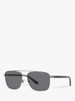 Ralph Lauren PH3137 Men's Rectangular Polarised Sunglasses, Gunmetal/Grey, Gunmetal/Grey