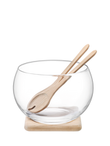 LSA International Serve Glass Salad Bowl with Oak Wood Servers, 27cm, Clear/Natural