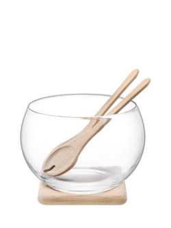 LSA International Serve Glass Salad Bowl with Oak Wood Servers, 27cm, Clear/Natural, Clear/Natural