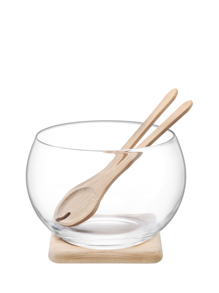 LSA International Serve Glass Salad Bowl with Oak Wood Servers, 27cm, Clear/Natural, Clear