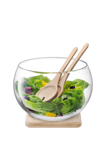 LSA International Serve Glass Salad Bowl with Oak Wood Servers, 27cm, Clear/Natural - view 2, Clear/Natural