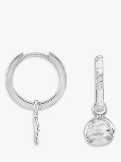 Dower & Hall Sterling Silver Hammered Disc Charm Story Hoop Earrings, Silver, Silver Silver