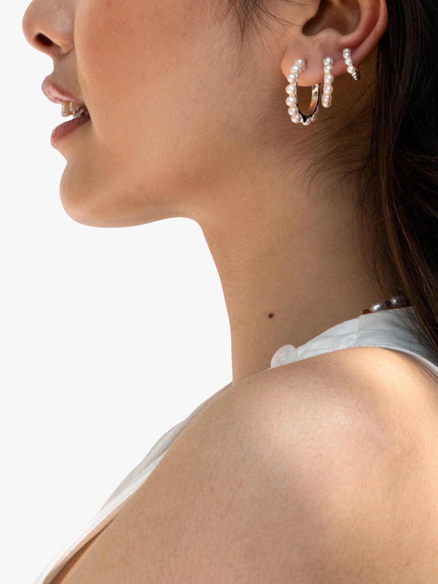 Product image 4 of 4, which shows Dower & Hall Sterling Silver Medium Pearl Story Hoop Earrings, Silver