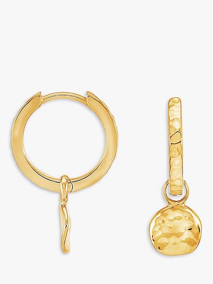 Dower & Hall Yellow Gold Vermeil Hammered Disc Charm Story Hoop Earrings, Gold, Gold Gold