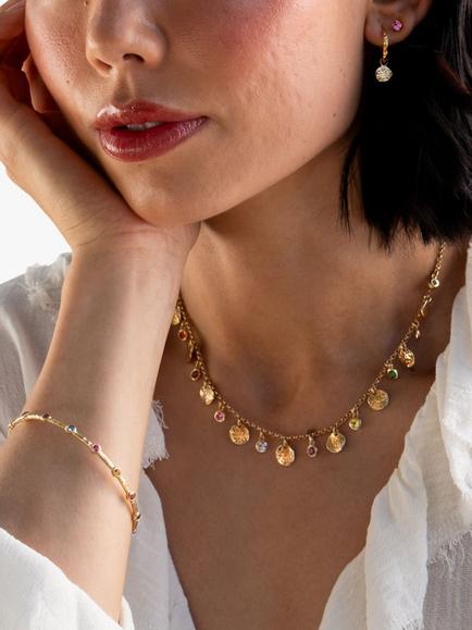 Dower & Hall Yellow Gold Vermeil Hammered Disc Charm Story Hoop Earrings, Gold - view 2, Gold Gold