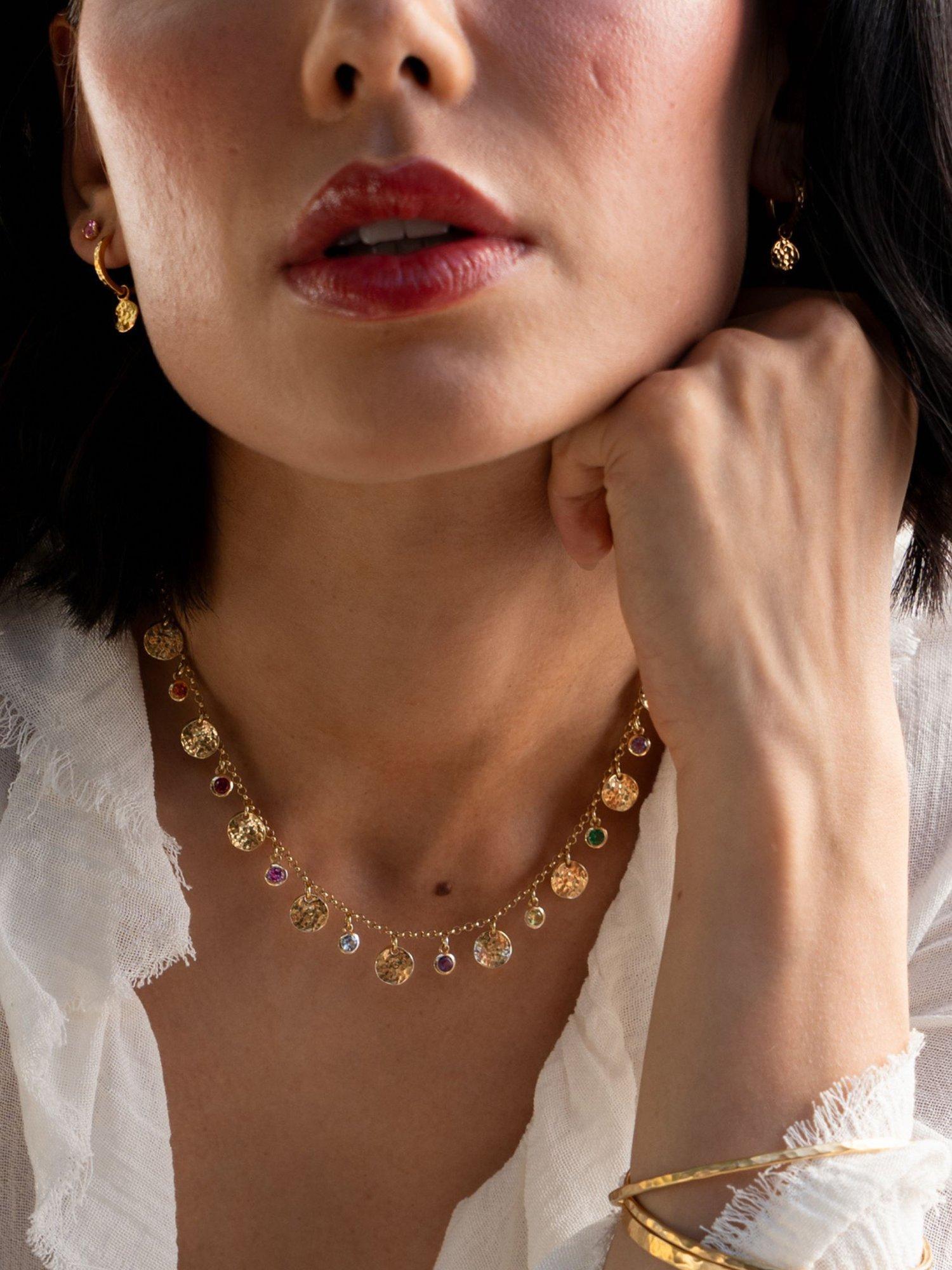 Product image 3 of 4, which shows Dower & Hall Yellow Gold Vermeil Hammered Disc Charm Story Hoop Earrings, Gold