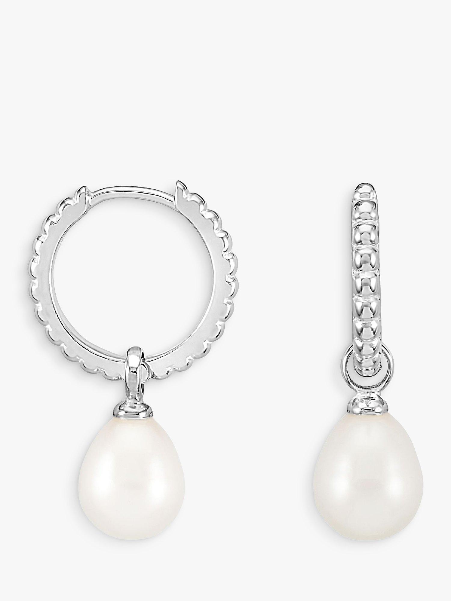 Product image 1 of 4, which shows Dower & Hall Dotty Oval Pearl Charm Story Hoop Earrings, Silver