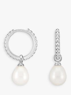 Dower & Hall Dotty Oval Pearl Charm Story Hoop Earrings, Silver Silver