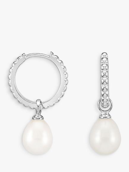 Dower & Hall Dotty Oval Pearl Charm Story Hoop Earrings, Silver