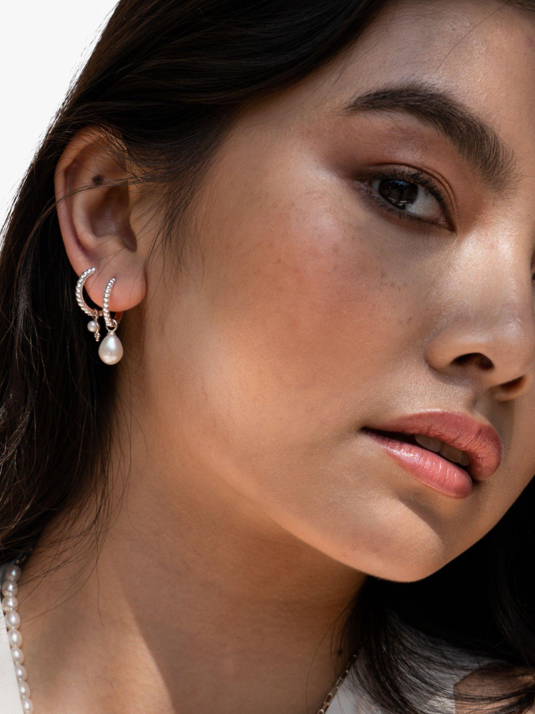 Product image 2 of 4, which shows Dower & Hall Dotty Oval Pearl Charm Story Hoop Earrings, Silver