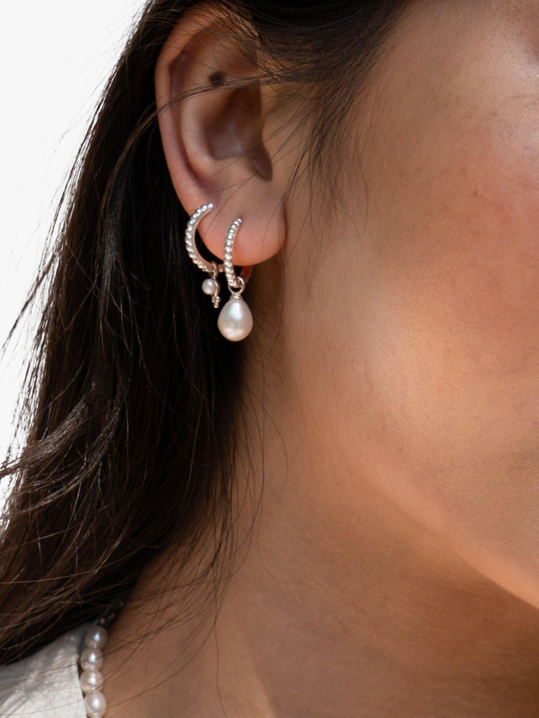 Product image 3 of 4, which shows Dower & Hall Dotty Oval Pearl Charm Story Hoop Earrings, Silver