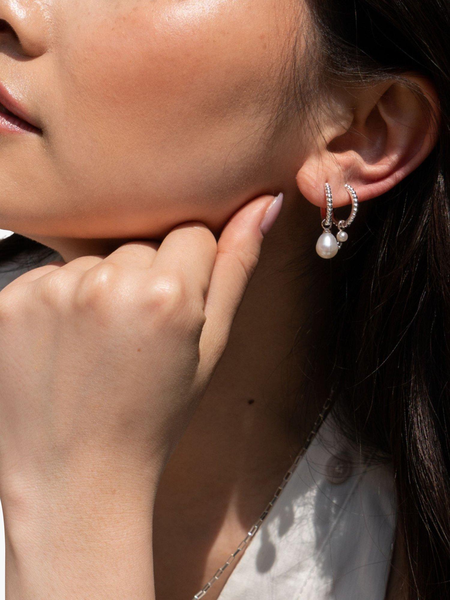 Product image 4 of 4, which shows Dower & Hall Dotty Oval Pearl Charm Story Hoop Earrings, Silver