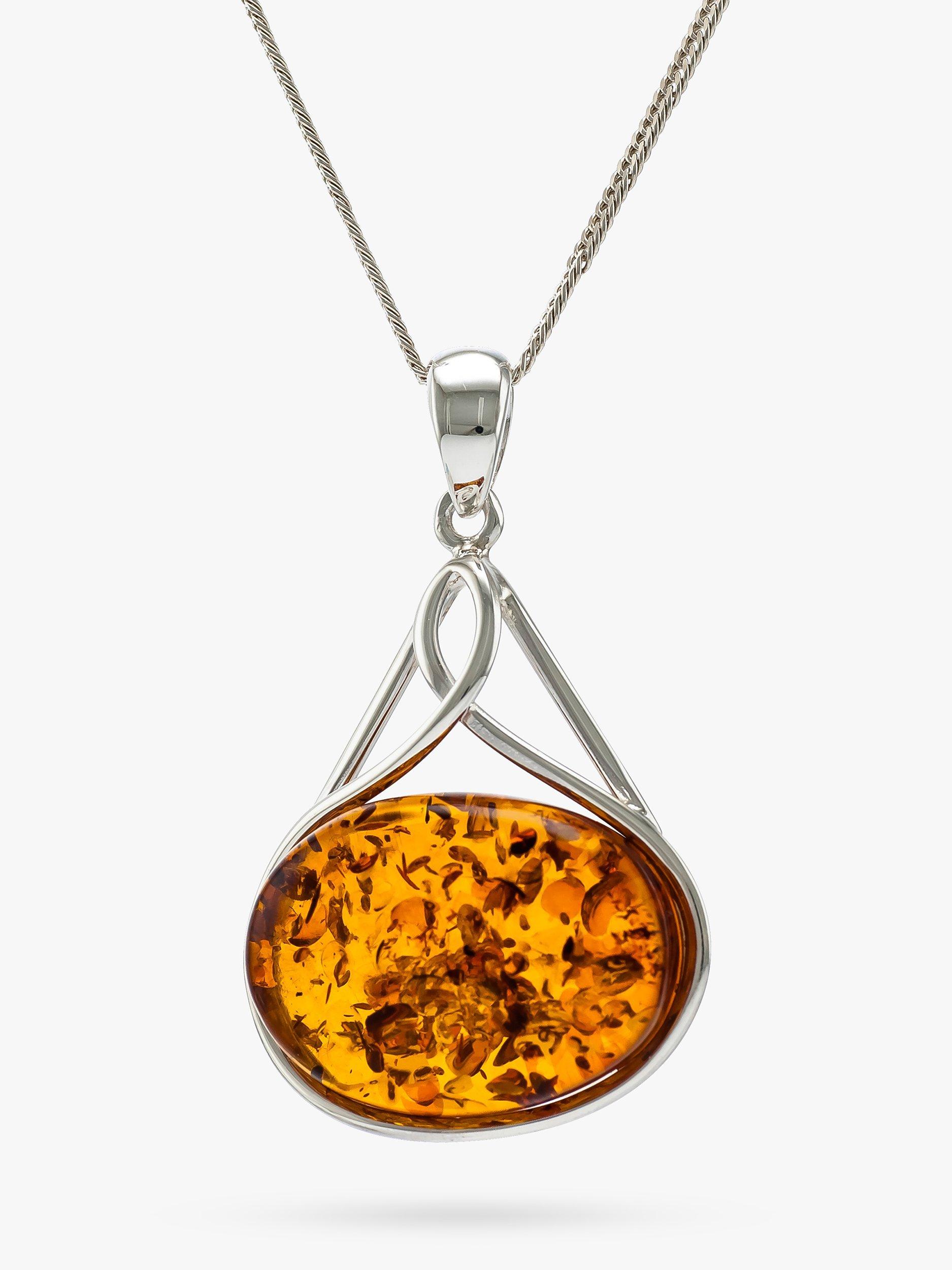 Be-Jewelled Oval Baltic Amber Pendant Necklace, Silver/Cognac
