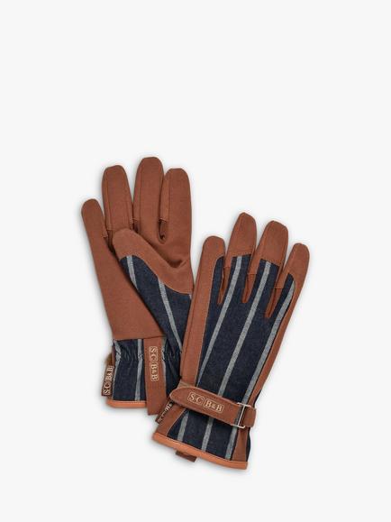 Sophie Conran for Burgon & Ball Leather Trim Striped Gardening Gloves, Brown/Blue, Brown/Blue