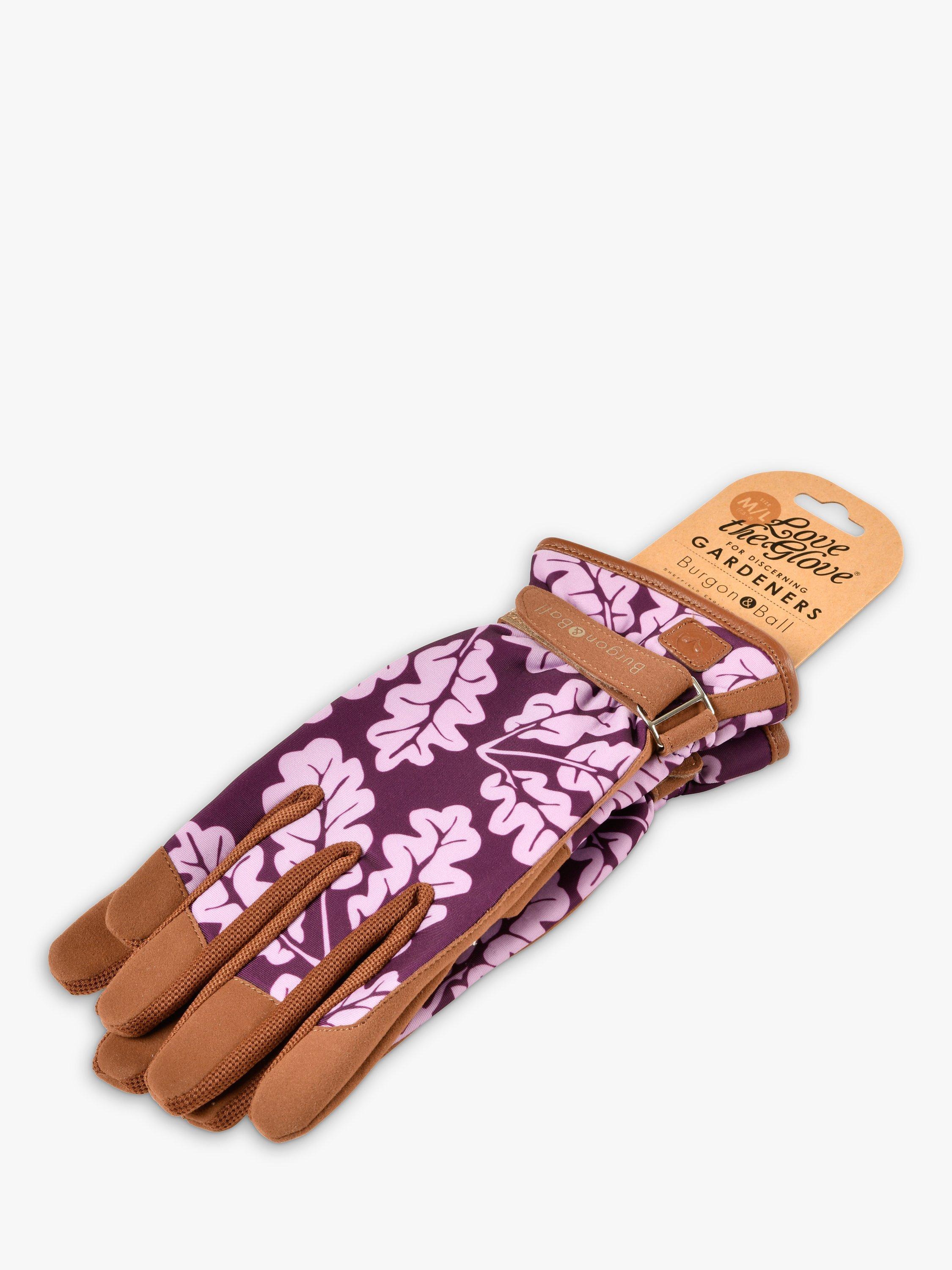 Burgon & Ball Love The Glove Leather Trim Oak Leaf Print Gardening Gloves, Plum