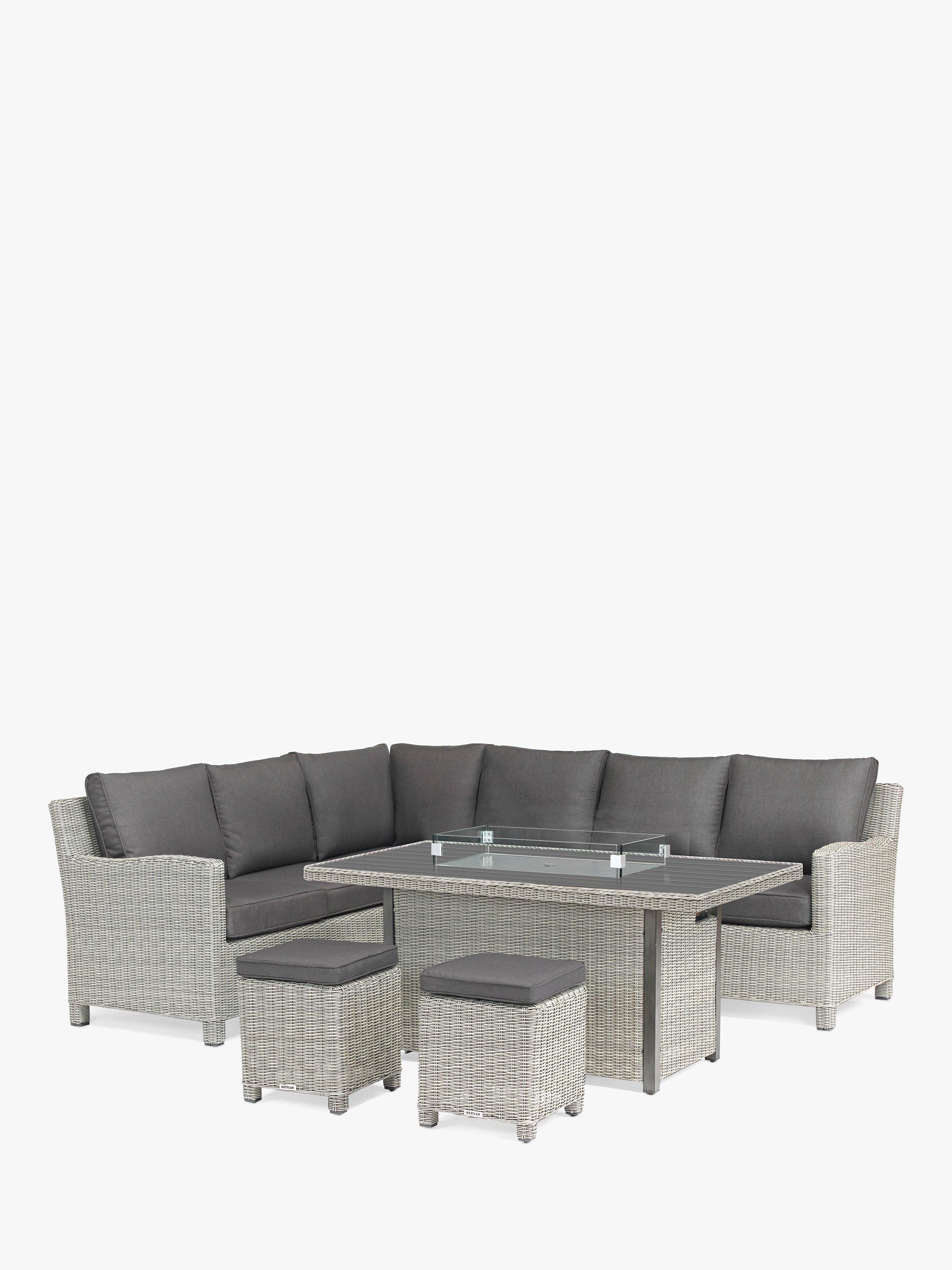 KETTLER Palma 8-Seat Garden Corner Casual Dining Table & Chairs Set with Firepit, White Wash/Grey Taupe