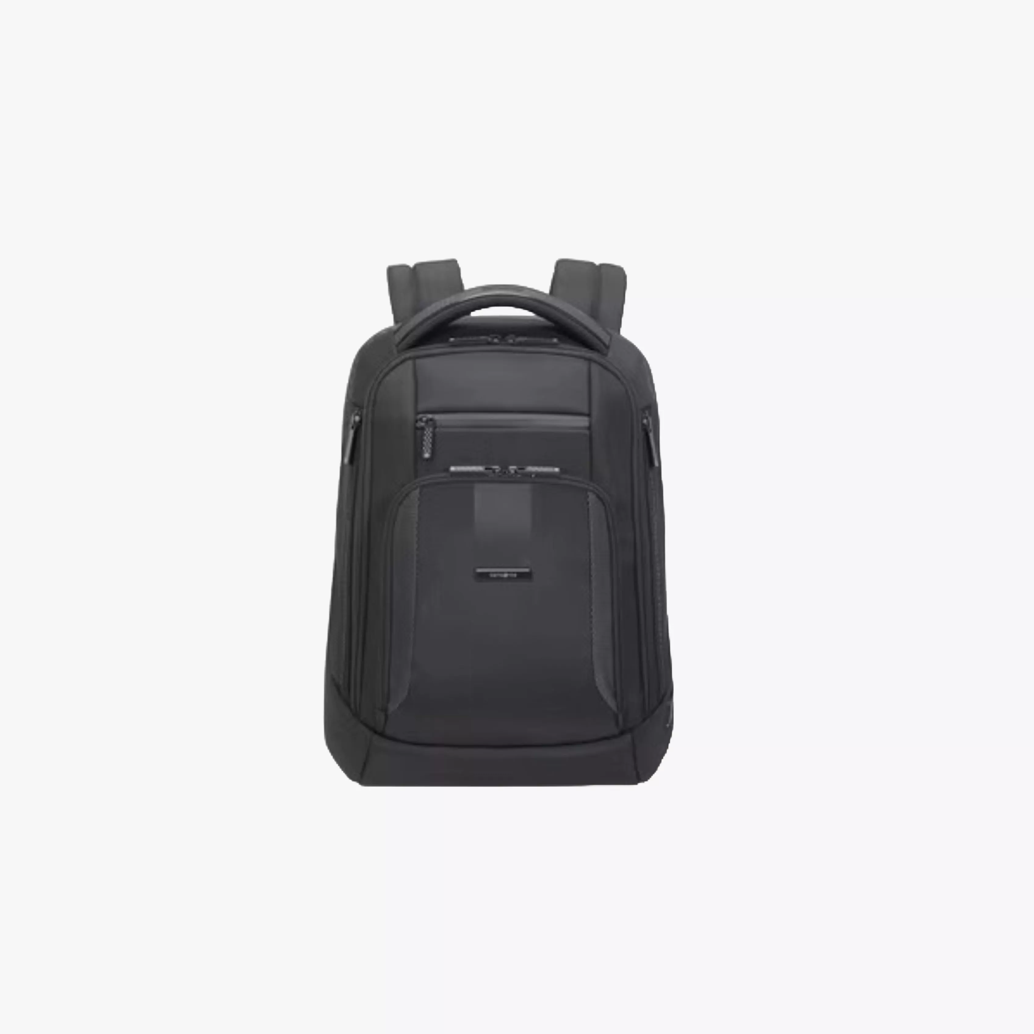 Samsonite black laptop backpack with padded straps, top handle and multiple zipped compartments, front view