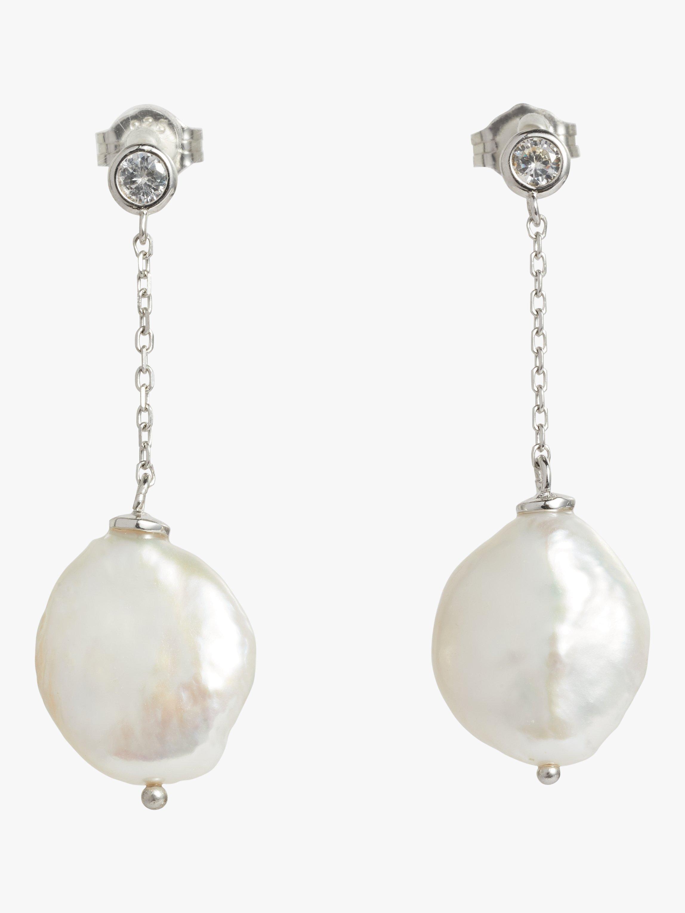 Lido Cubic Zirconia and Freshwater Pearl Coin Chain Drop Earrings, Silver/White