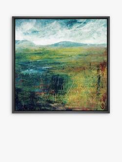 John Lewis Lesley Birch 'Hill & Water' Wood Framed Canvas Print, 94 x 94cm, Green/Blue, Green/Blue