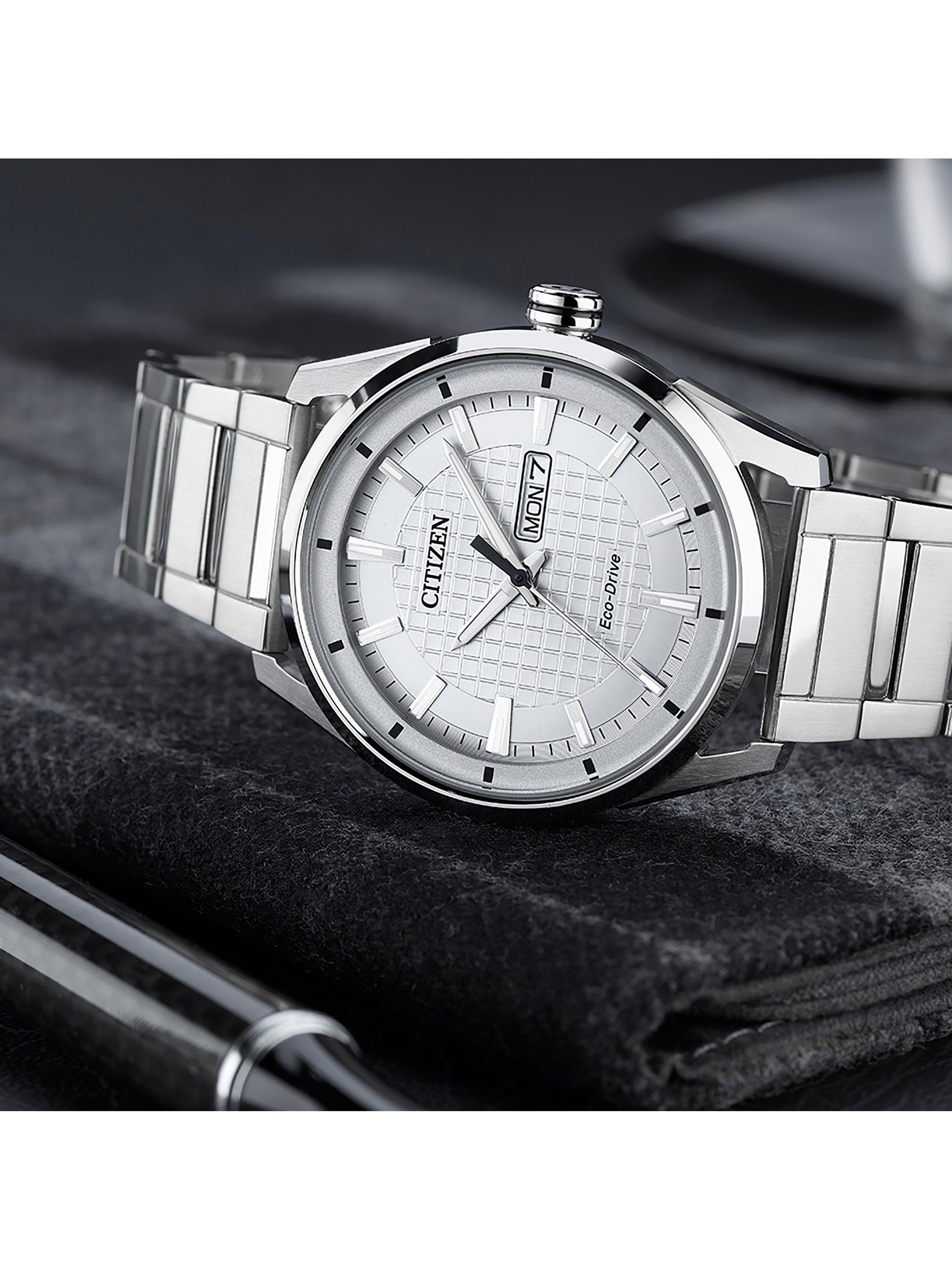 Product image 2 of 6, which shows Citizen AW0080-57A Men's Eco-Drive Day Date Bracelet Strap Watch, Silver/White