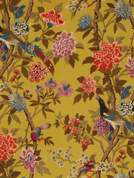 GP & J Baker Hydrangea Bird Furnishing Fabric, Ochre