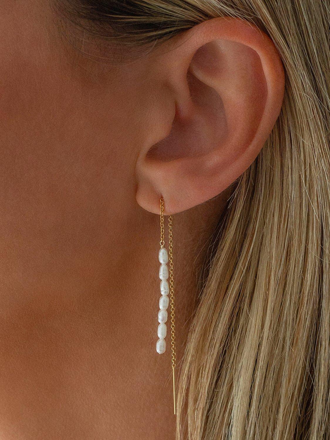 Product image 2 of 4, which shows Leah Alexandra Ama Freshwater Pearl Thread Drop Earrings, Gold