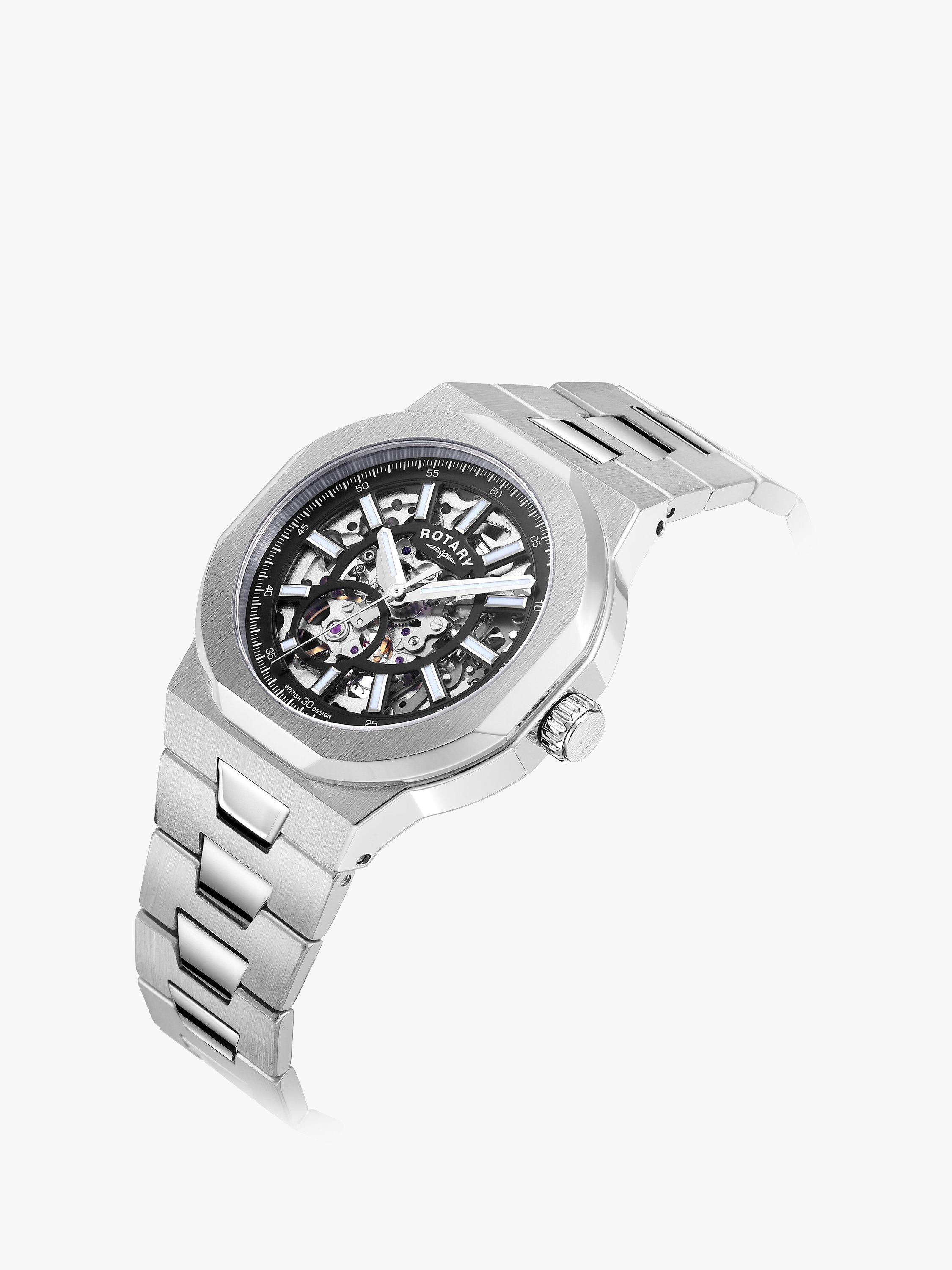 Product image 2 of 7, which shows Rotary GB05415/04 Men's Regent Automatic Skeleton Date Bracelet Strap Watch, Silver