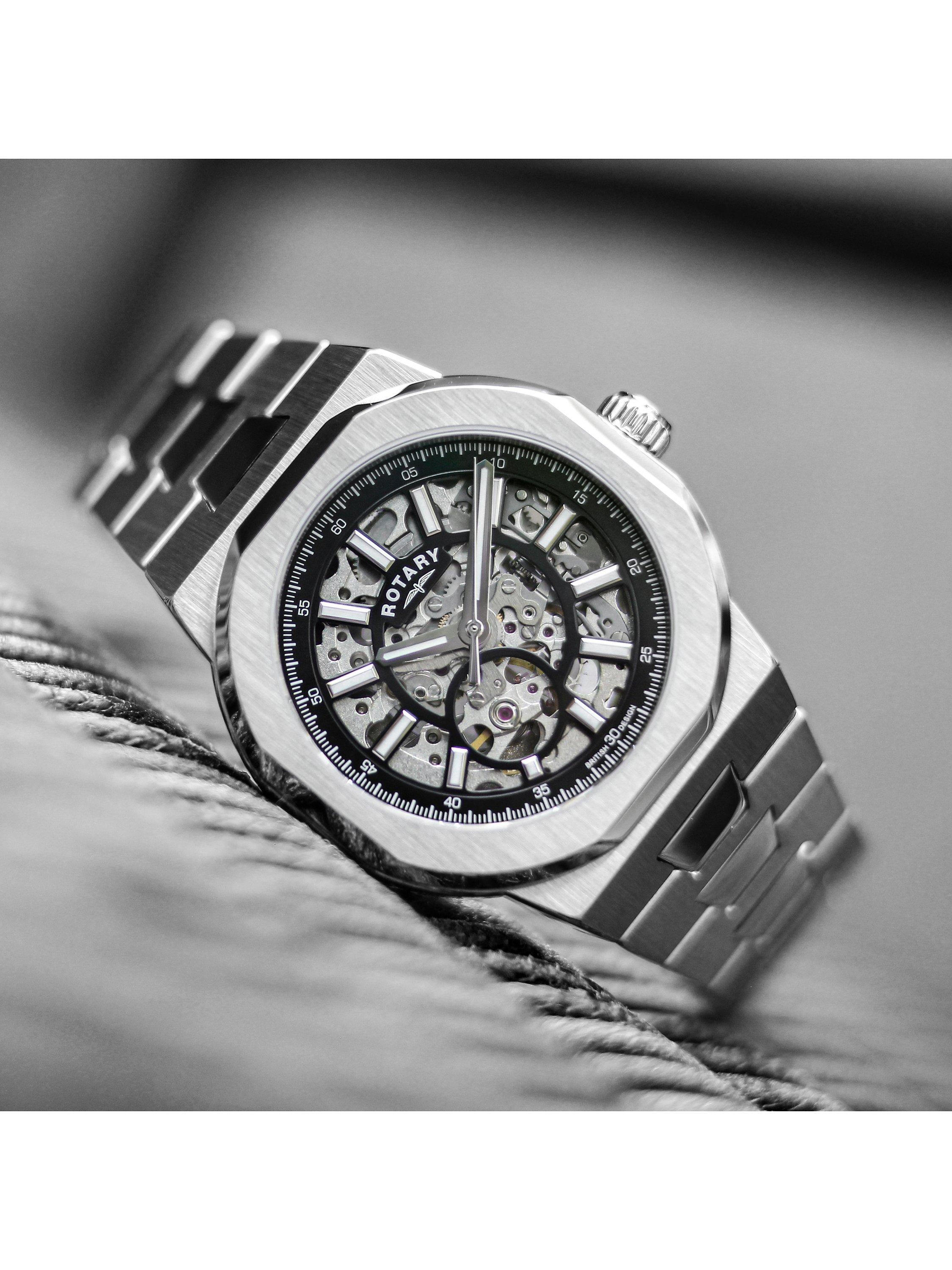 Product image 6 of 7, which shows Rotary GB05415/04 Men's Regent Automatic Skeleton Date Bracelet Strap Watch, Silver