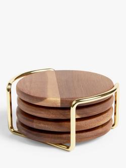 John Lewis Acacia Wood Round Coasters & Metal Stand, Set of 4, Natural, Natural