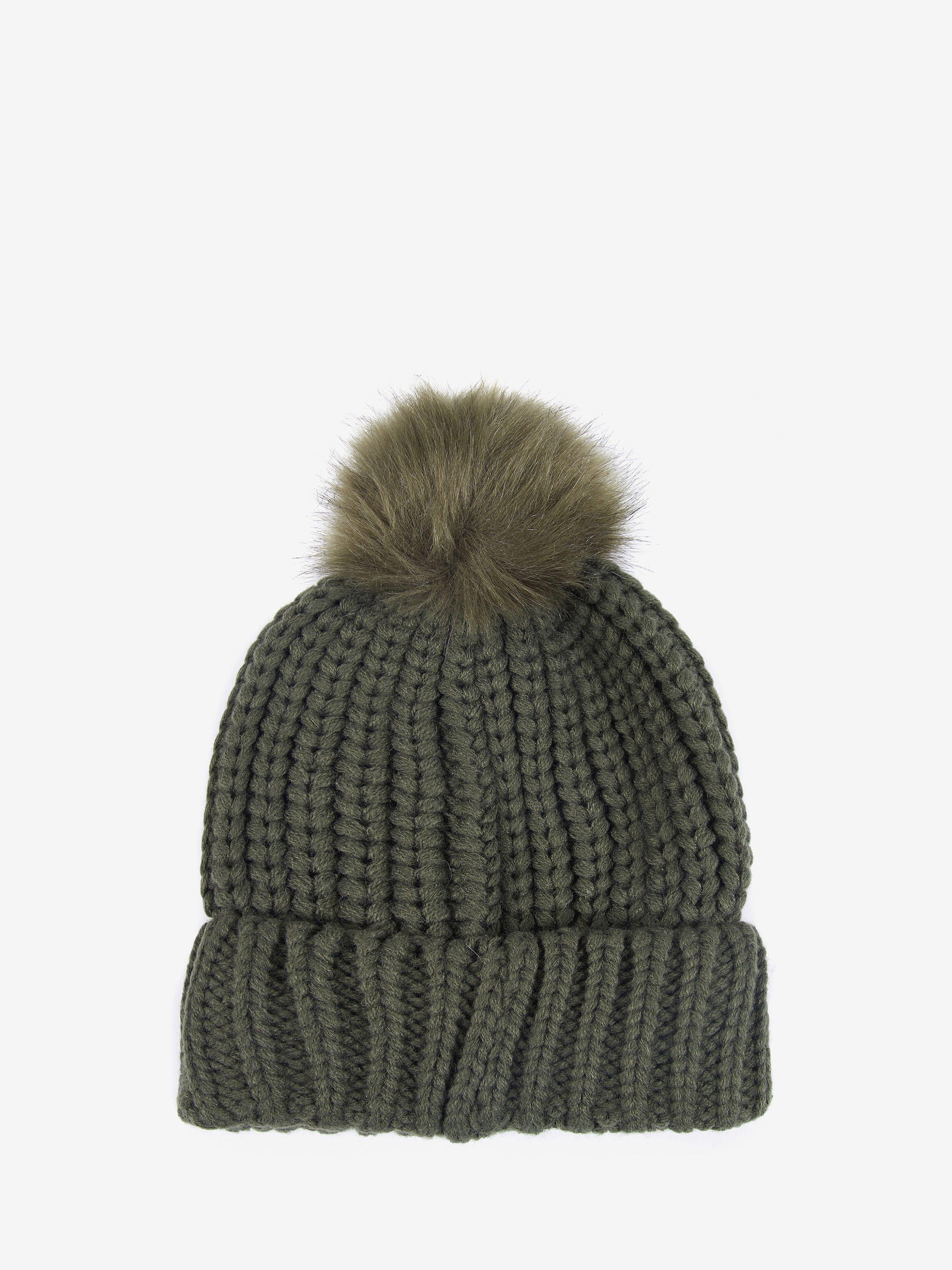 Product image 2 of 4, which shows Barbour Saltburn Faux Fur Pom Pom Beanie Hat, Olive