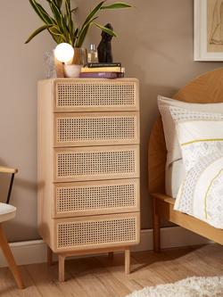 John Lewis Rattan 5 Drawer Tallboy Chest - view 2, Oak