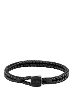BOSS Men's Braided Leather Bracelet, Black
