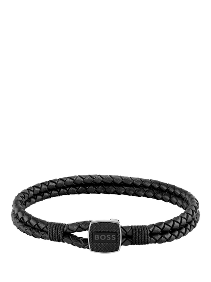 BOSS Men's Braided Leather Bracelet, Black