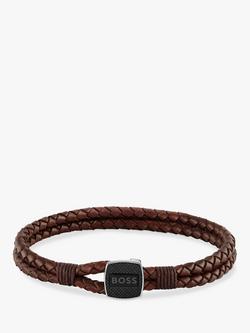 BOSS Men's Braided Leather Bracelet, Brown