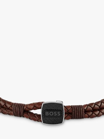 BOSS Men's Braided Leather Bracelet - view 2, Brown