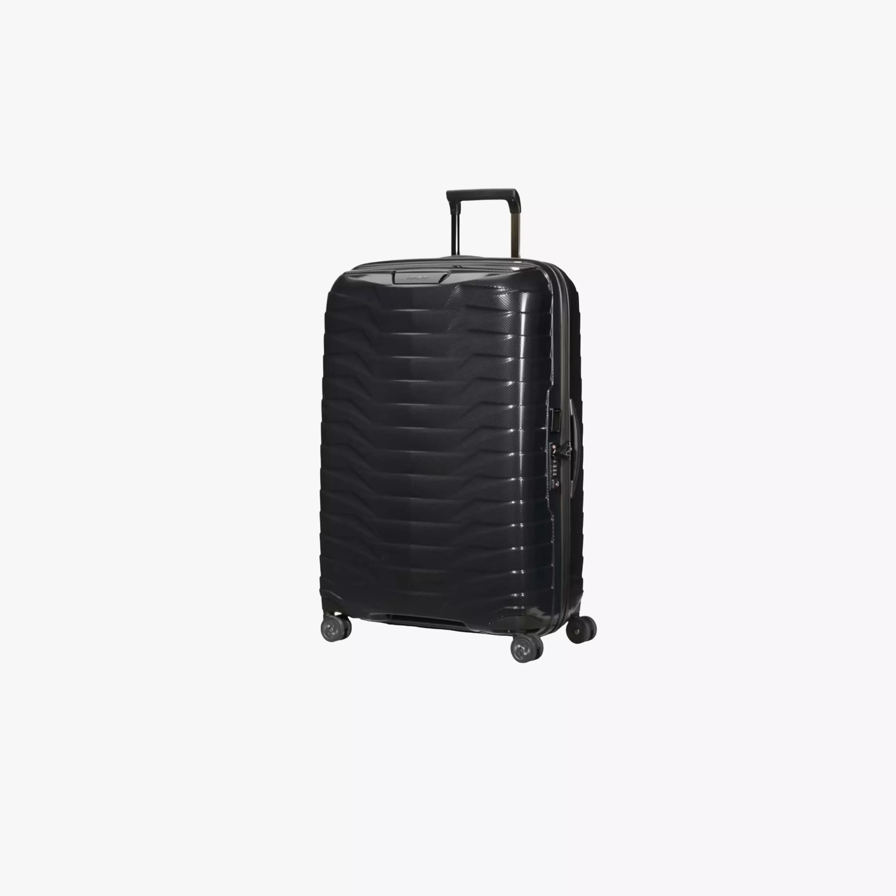 Black hard shell suitcase with telescopic handle and four spinner wheels, lightweight travel luggage on white background