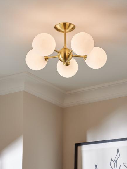 John Lewis Satellite 5 Arm Semi Flush Ceiling Light, Satin Brass - view 2, Satin Brass