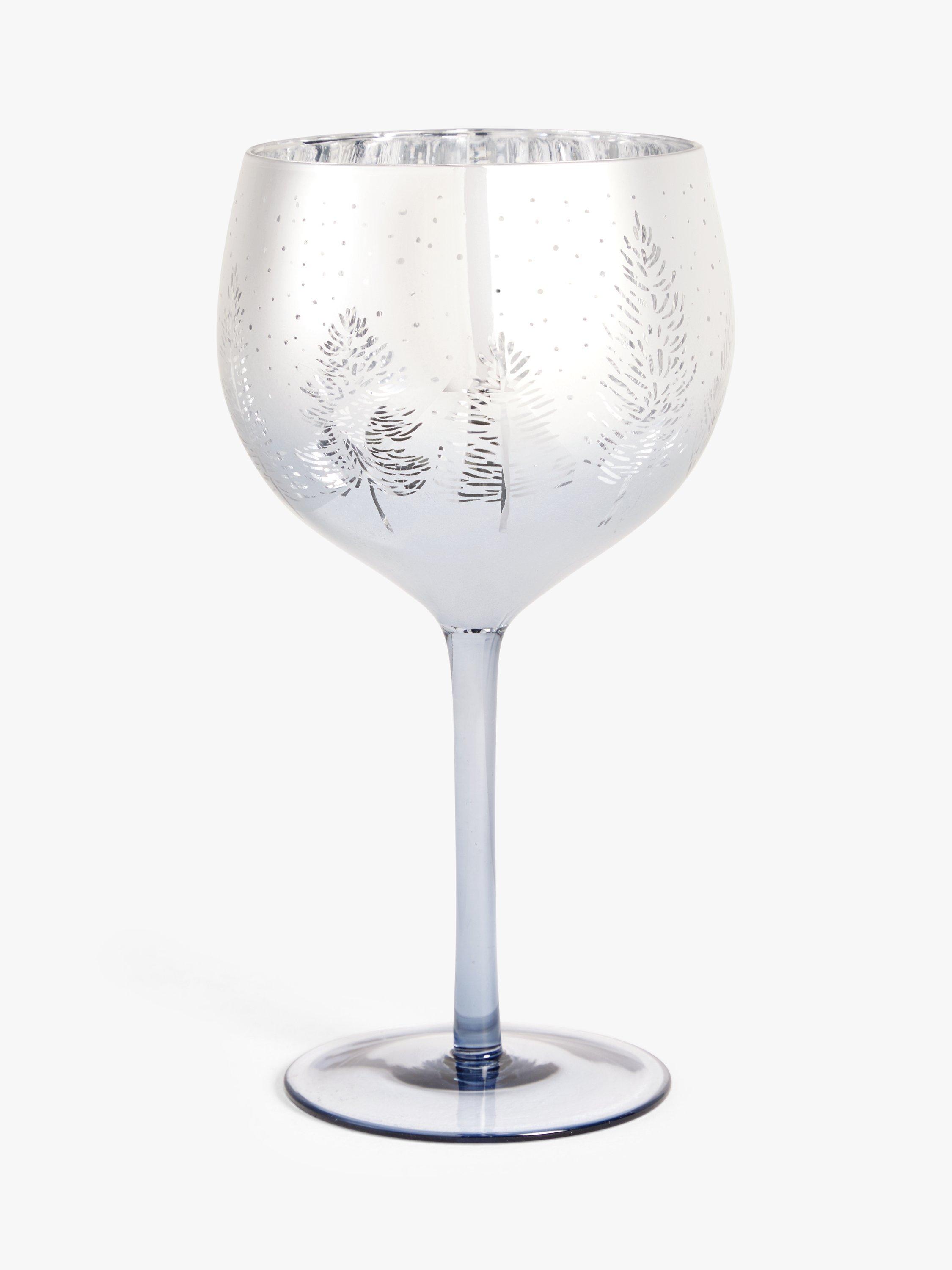 John Lewis Mountain Trees Pattern Metallic Gin Glass, 700ml, Blue/Silver