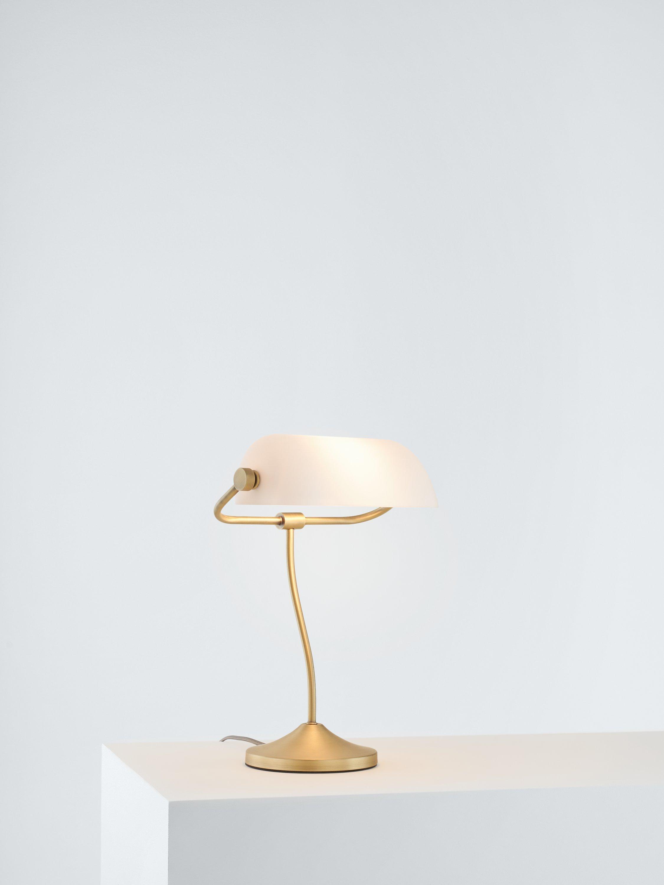 John Lewis Frosted Glass Bankers Desk Lamp, Antique Brass
